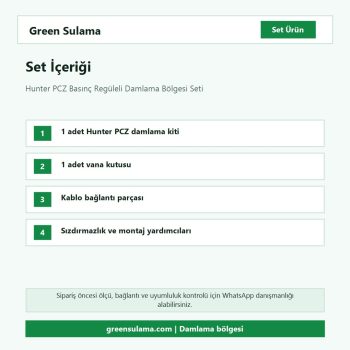 Hunter PCZ basınç regüleli damlama bölgesi seti set içeriği ve parça listesi